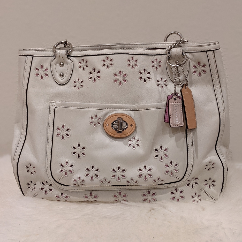 Coach Madison white with pink poppy eyelets purse
